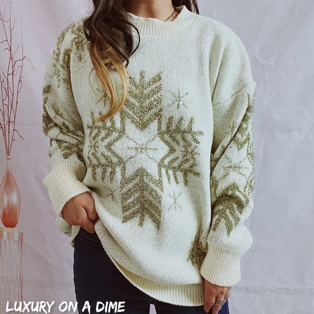 Fuzzy Contrasting Snowflake Knit Classy Minimalist Heavy Metallic Winter Sweater